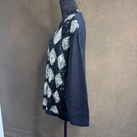 Vintage Contessa by Joyce Sequin Beaded Sweater Black Silver Argyle 1X Acrylic - Picture 7 of 10